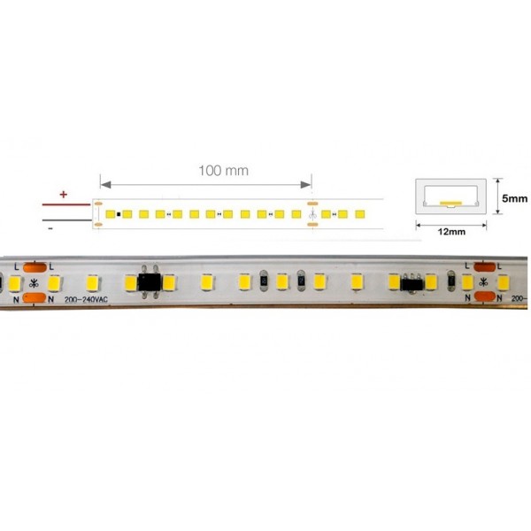 Tira LED 230V monocolor 16W/mt 120L/mt. ECO SMD 2835 IP66 12x5mm corte cada 100mm, Venta por metros, desde 8,25€/m